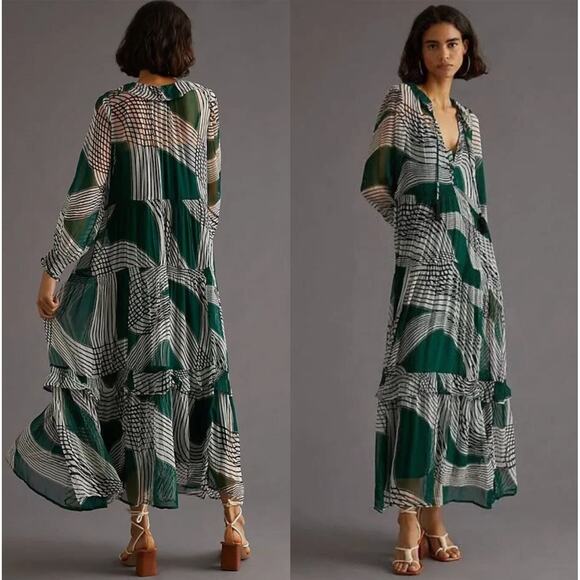 Anthropologie Dresses & Skirts - Anthropologie XS Sheer Chiffon Maxi Dress Marais Geometric Printed Boho Green